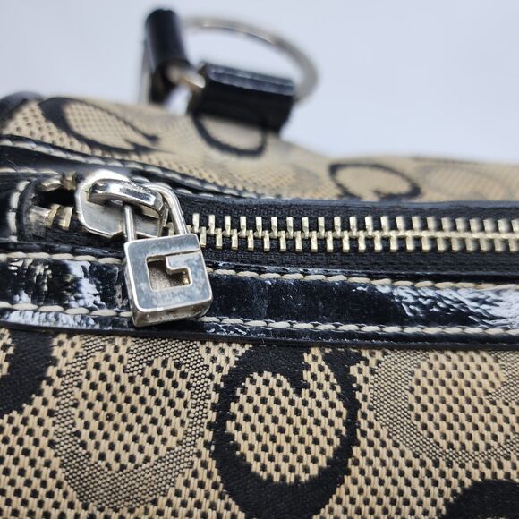 Guess Monogram Barrel Bag Satchel G Logo Canvas Black Patent Trim Purse Y2K - Picture 8 of 11